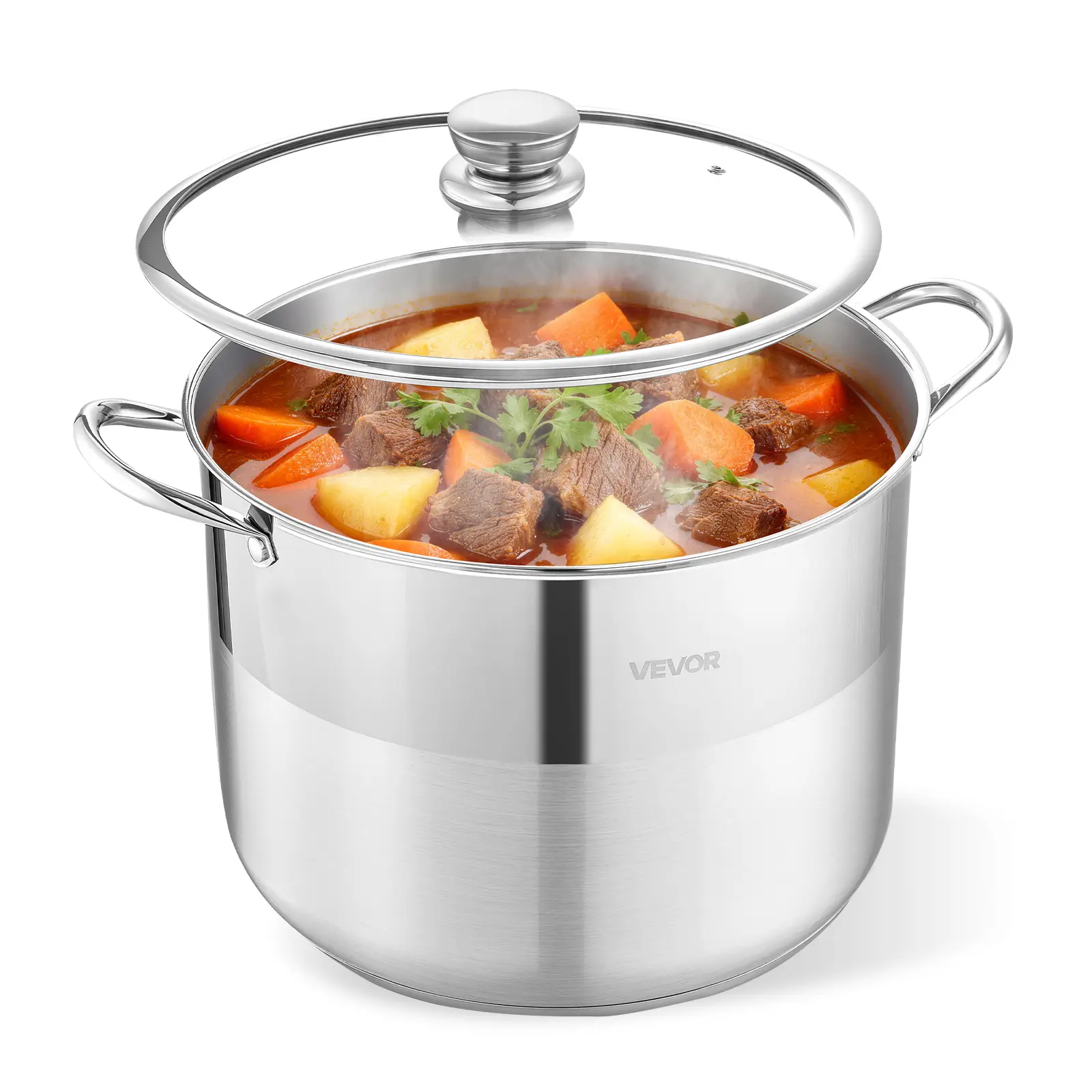 VEVOR Stainless Steel Stock Pot, 16-Quart Stainless Steel Stockpot with Glass Lid, PFOA-Free, PFAS-Free, Compatible with Gas Stoves, Induction Cooktops, Electric Stoves, for Soups, Stews, and Pasta