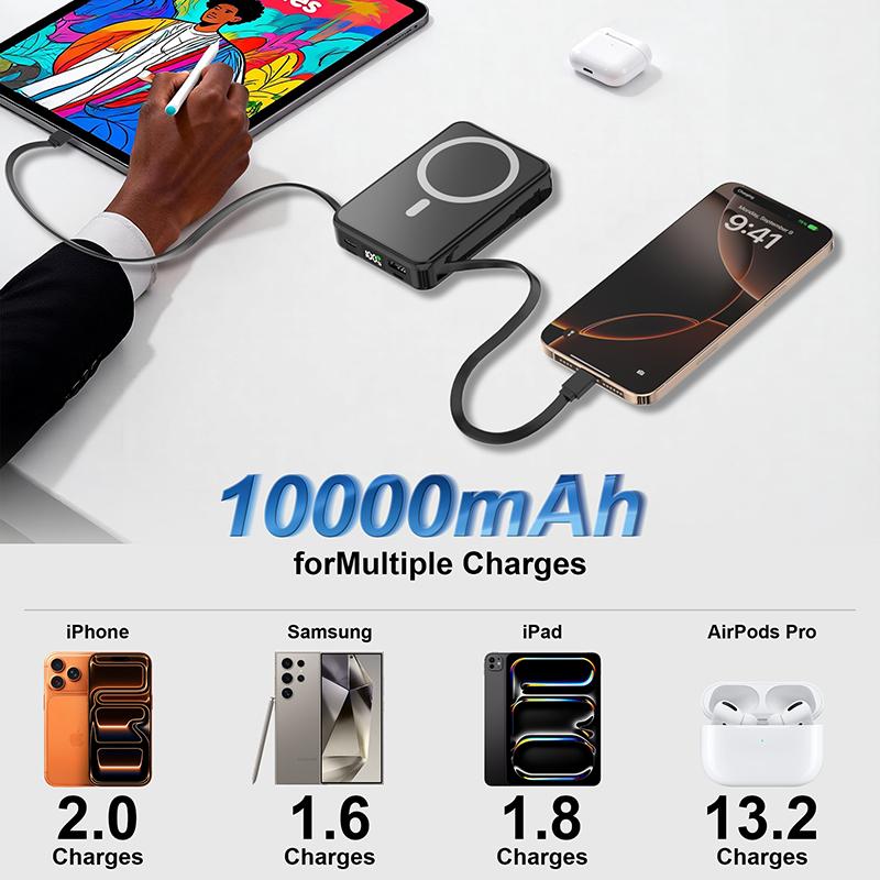 3-in-1 Magnetic Charging Power Bank 10000mAh, 22.5W Fast Charging with HD LED Display. Portable charger with stand, compatible with iPhone and Android phones. Magnetic charging is only compatible with iPhone 12/13/14/15/16.