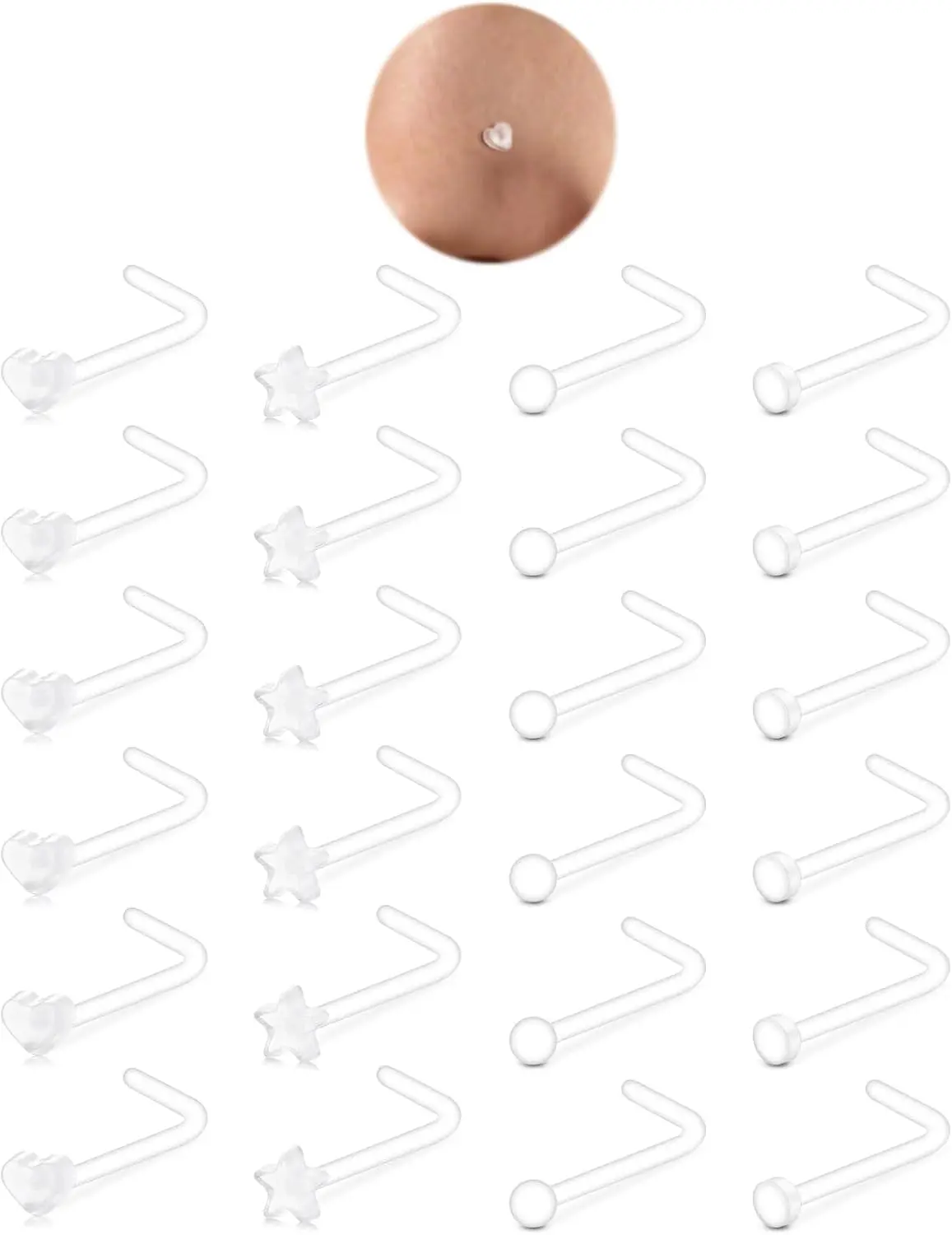20g Clear Nose Studs Clear Nose Rings for Work Plastic  Retainers for   School Small  Bioflex Invisible Nostril  Spacers Retainer L Shaped  Heart 20 gauge