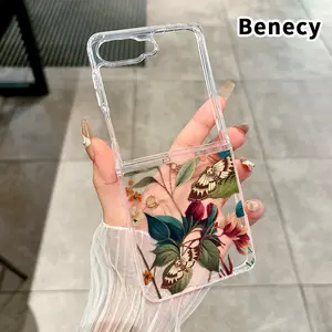 Floral Moth Reverie Pattern Foldable Phone Case for Z Flip 7/6/5/4, Axis Protection and Complete Lens Protection Shockproof Transparent Cover