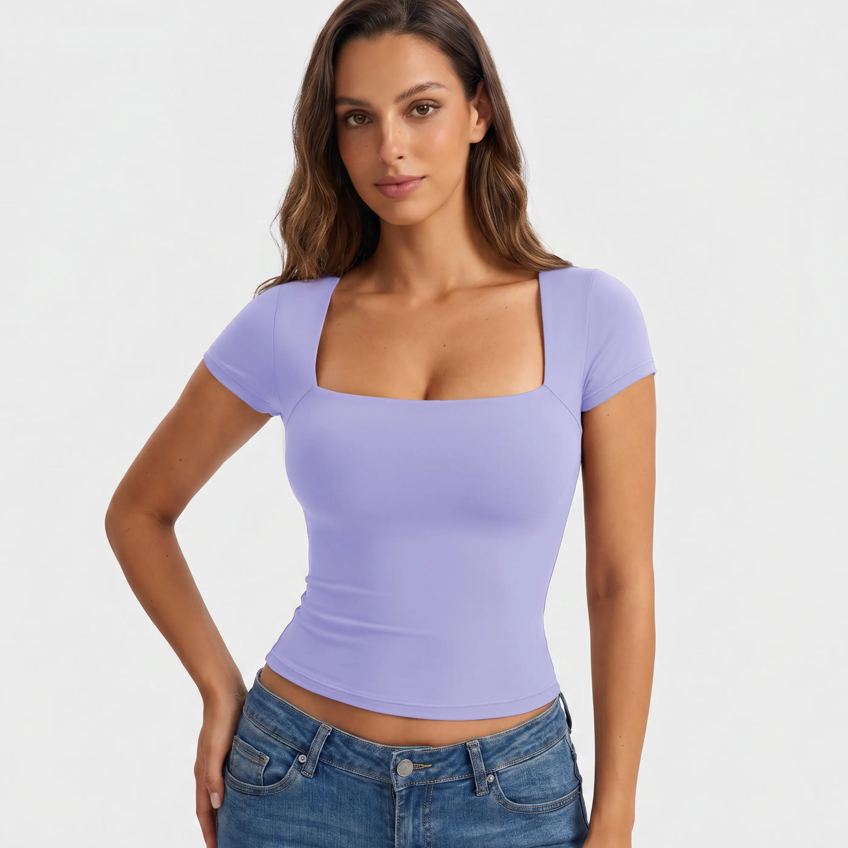 PUMIEY Women's Square Neck T-Shirt, Buttery Soft Double Layer Stretch Fabric, Slim Fit Short Sleeve Minimal Casual Top, Minimalist,back to school,back to school shopping, Shortsleeve, Tops