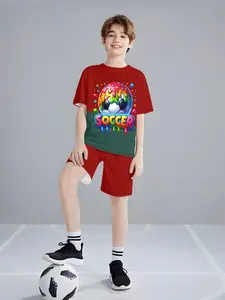 Trendy Two-Piece Set, Fun Donut Football Print, Breathable Fabric, Summer Casual, Fitted Style, No Zipper, with Collar