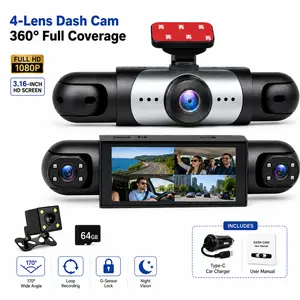 4-Lens Dash Cam, 360° Full Coverage Car DVR Camera with 3.16” HD Screen, 1080P Front/Rear/Inside Recording, Night Vision, Loop Recording, G-Sensor Lock, Wide Angle, 64GB Card Included Dual-Lens