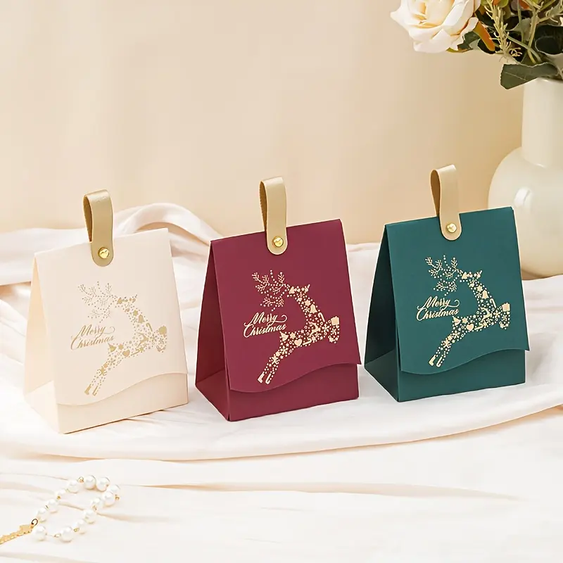 10-Pack Christmas Gift Boxes with Leather Handles, Festive & Designs, Perfect for Cookies Candies & Small Gifts