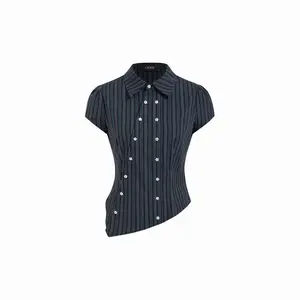 Cider Cotton-blend Striped Collar Asymmetrical Hem Star Button Blouse