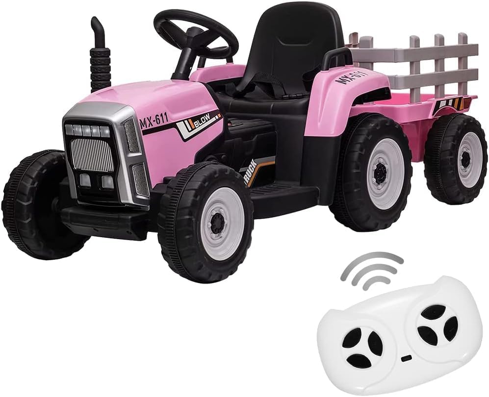 12V Ride on Tractor with Trailer & Remote Control,Speed Up to 5mph, Toddler Electric Vehicle Car with LED Headlights,2+1 Gear Shift,MP3 Player,USB for