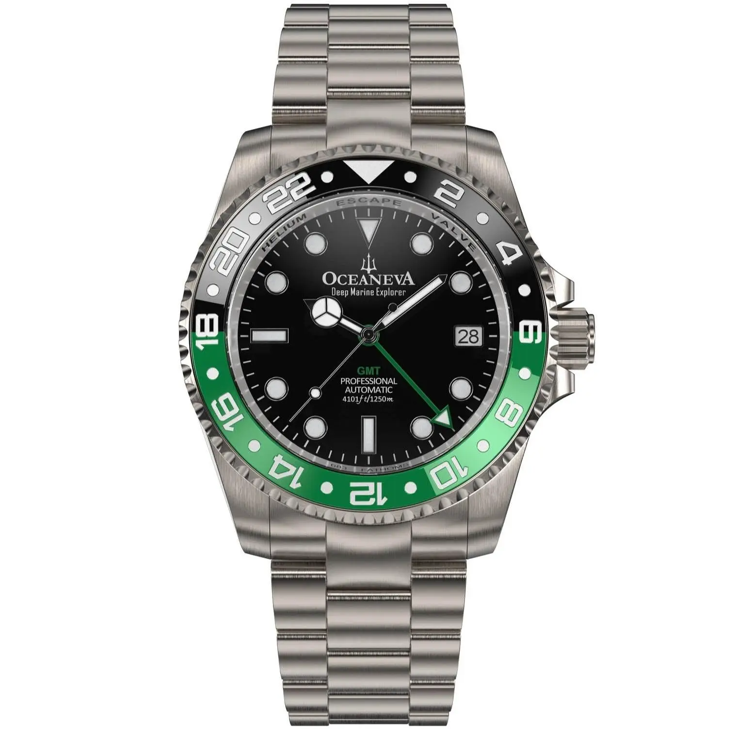 Oceaneva Men's GMT TITANIUM Automatic Deep Marine Explorer 1250M Pro Diver Watch with Green Bezel & Sapphire Crystal