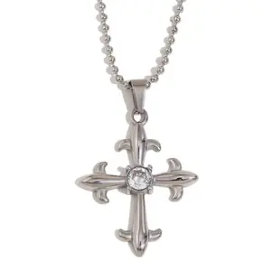 Cross Necklace Stainless Steel with Fleur-de-Lis Design and Center Stone Pendant for Women Elegant Jewelry