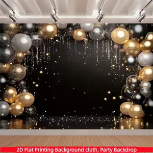 Black and gold balloon arch backdrop banner, featuring falling starlight, made of durable polyester, suitable for patio, home, garden celebrations, photography backdrops, Valentine's Day, weddings, and holiday party supplies, Shimmer Wall Backdrop