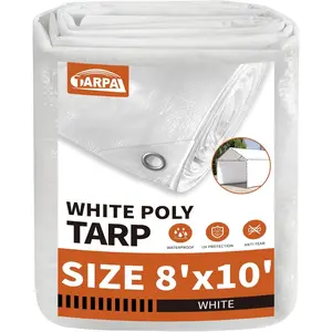 8'x10' White Waterproof Tarp 7.5 mil Medium Duty All Purpose Poly Tarp Cover Snow Proof UV Protection Rip and Tear Proof Poly Tarpaulin