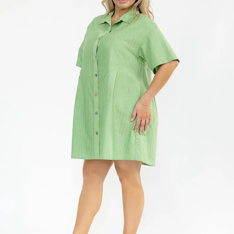 PLUS SIZE SHORT SLEEVE BUTTON UP SHIMMER STRIPES LOOSE FIT MINI DRESS GREEN (1X-2X-3X)