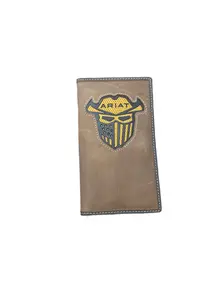 Ariat Work Men’s Checkbook Wallet – RFID Blocking Brown Cowhide Leather, Western-Themed Design with Rebar Orange Interior, Brown Men's Wallets, Cowhide Men's Wallets