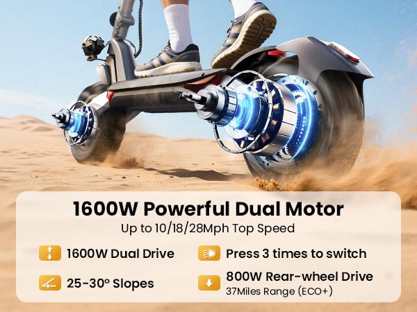 R1 PRO Electric Scooter for Adults, 1600W Dual Motor, 11" Off-Road Tires, 37 Miles Long Range, 28MPH Max Speed, 330LBS Capacity, Bionic Dual Suspension Fast Escooter for Commuting & Adventure