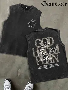 1 PCS GAME.ACE Washed Black Sleeveless Tank Top, "God Has A Plan" Jeremiah 29:11 Camo Style Graphic Print, Casual Christian Streetwear, 100% Cotton Breathable Unisex Vest, Ideal for Daily Wear, Casual Outings, Great Gift for Faith & Camo Style Lovers