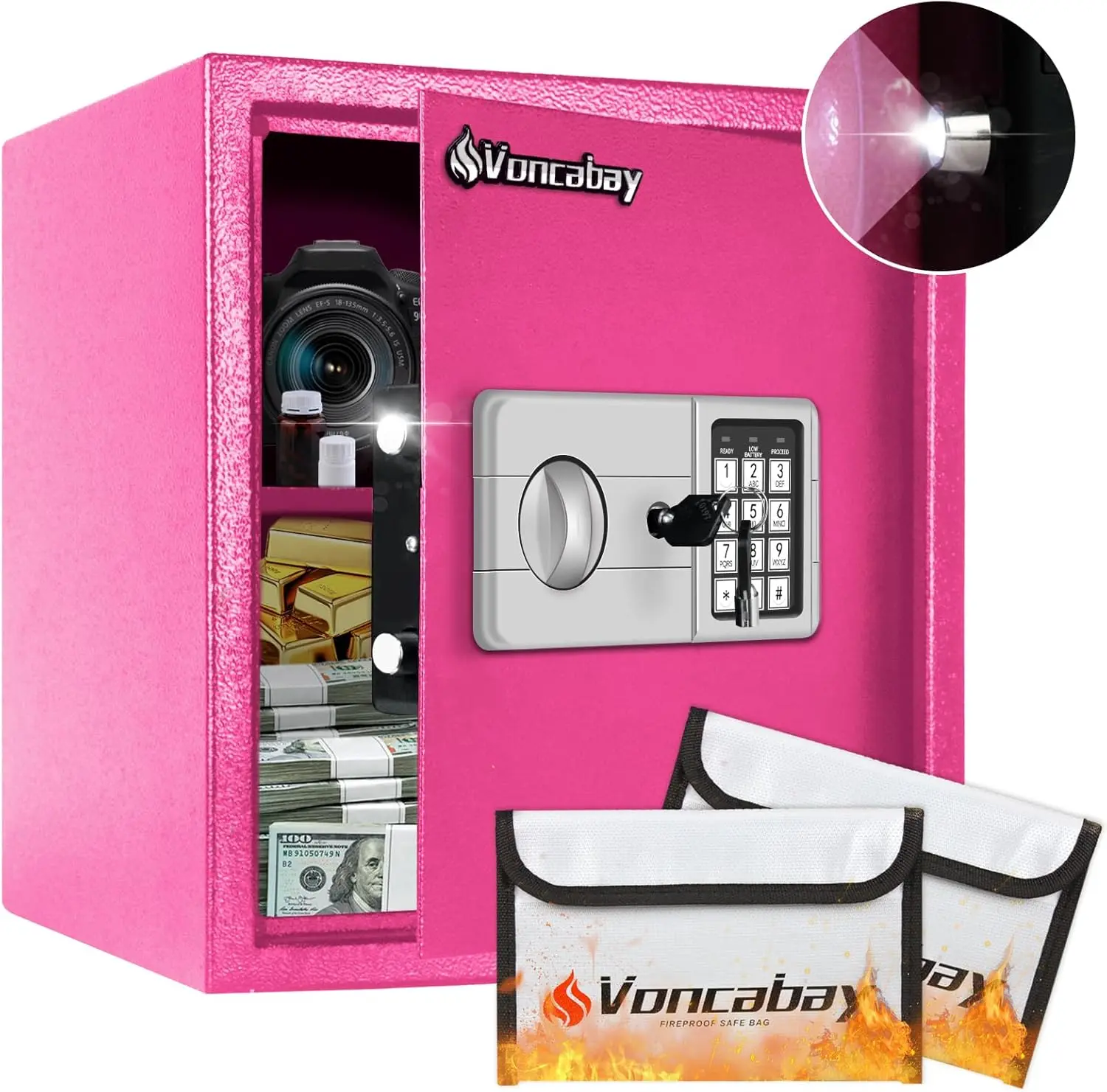 Voncabay Pink Fireproof Safe Box 1.5Cubic Feet with Digital Password & Key Double Lock Reinforced Alloy Steel Protection for Documents Cash Jewelry