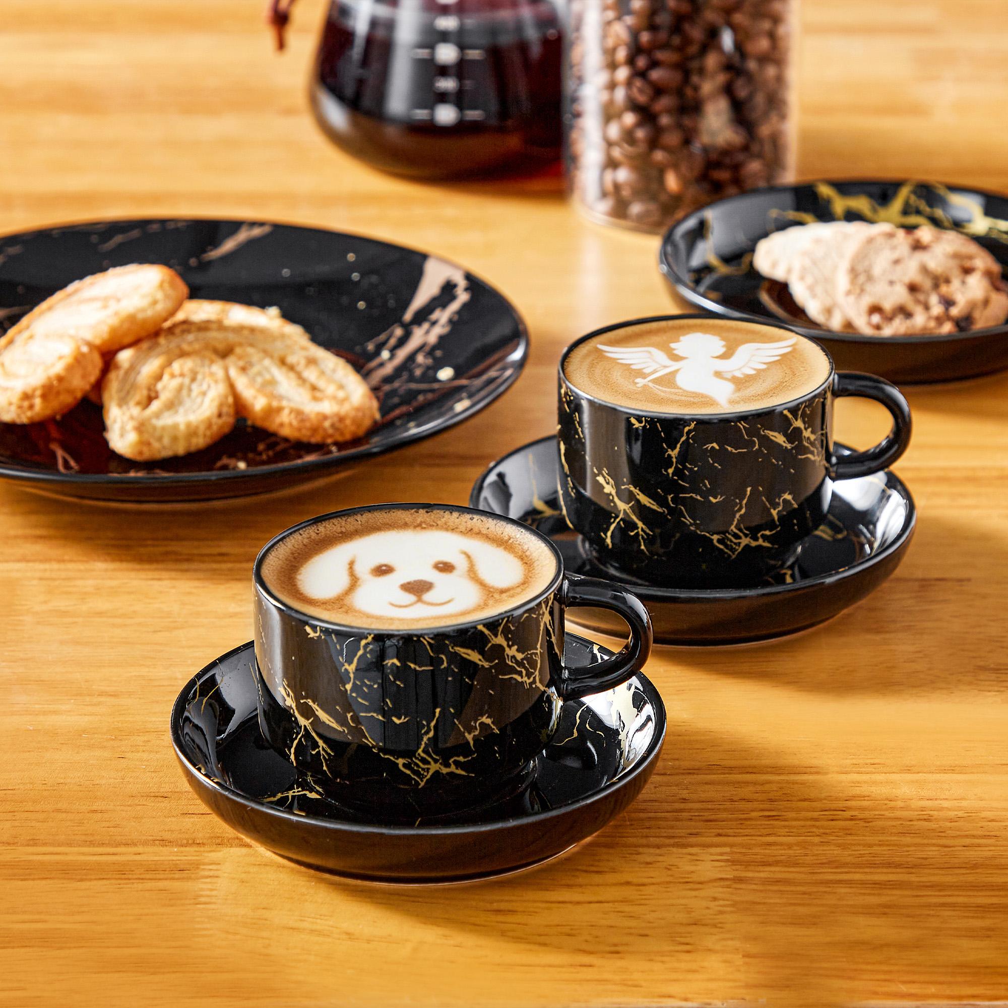 MALACASA 3/5/9 OZ Porcelain Espresso Cups (includes saucers and metal cup holder) 6-Piece Set, Stackable Cappuccino Cups, Coffee Cups, and Tea Cups, Marble-Patterned Espresso Cup Set, Perfect for Espresso, Lattes, and Tea
