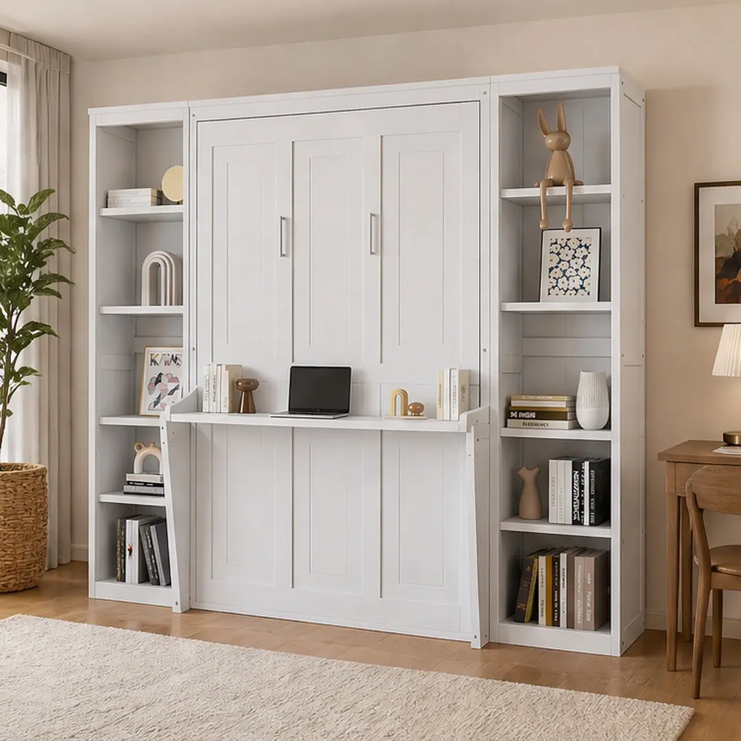 Queen Size Murphy Bed with Desk and Bookshelf, White Solid Wood MDF Wall Bed with Storage Shelves, No Box Spring Needed, Space Saving Folding Bed for Bedroom, Home Office, Guest Room, Queen Size Options, White Color Options, Color: White