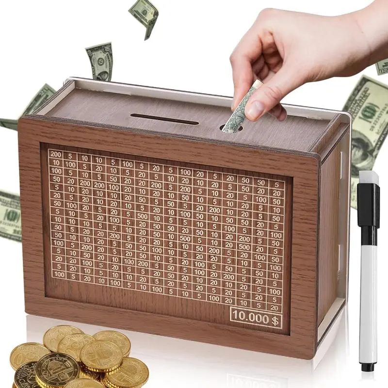 Wooden Money Box Money Bank, Countdown Money Saving Box with 10000 Dollars Target, Money Box with Money Target and Numbers to Check for Boys Girls (10000 USD)