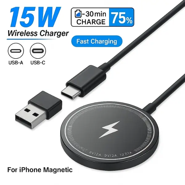 15W Magnetic Wireless Charger for iPhone 16 15 14 13 12 Series Pro Max Plus Mini – Fast USB-C PD Charging Pad for iPhone, Samsung Galaxy, Pixel & All Qi Devices – MagSafe Compatible