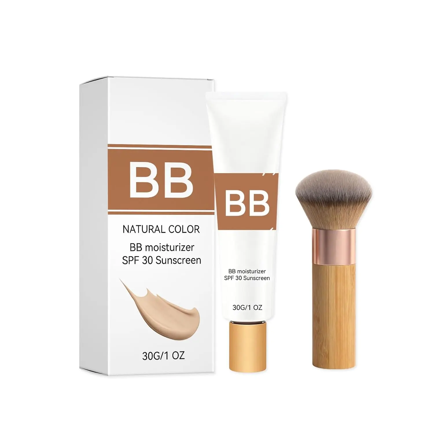 Tinted Moisturizer BB Cream SPF 30 with Built-in Brush - 1 fl oz Hydrate Matte Full Coverage Face Makeup, Brightening Lightweight Blemish-Blurring Primer, Natural Shade Daily Facial Cosmetic Moisture
