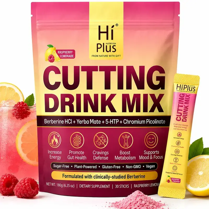 HiPlus Cutting Drink Mix – with Green Tea Extract, Chromium, Magnesium, Vitamin D3, 5-HTP & FOS | Sugar-Free, Vegan, Non-GMO, Gluten-Free, Raspberry Lemonade - 30 Servings