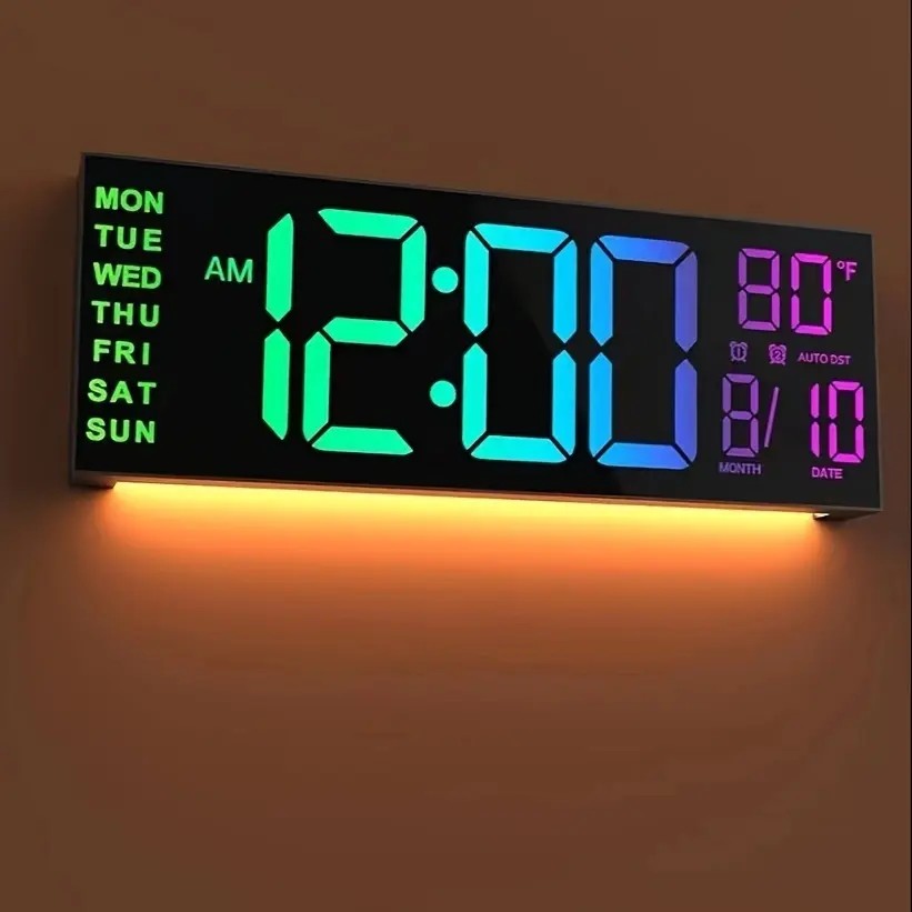 Large Digital Lighted Wall Clock with Remote Control, Dual Alarm, RGB Colors, Adjustable Brightness, Home Decor, Home Goods, 40.64 Cm Diameter, Creative Decorative Clock