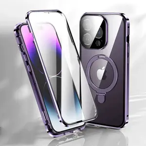 360 Degree Full Coverage Magnetic Stand Protective Phone Case with Lens Protector, Tempered Glass Front, Shockproof for iPhone 16 15 14 13 12 Accessories