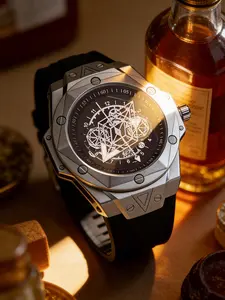 Men's Cyberpunk Style Watch, Geometric Hollow Out Large Dial, Polygonal Case, Student Sports Watch, Casual Analog Quartz Watch