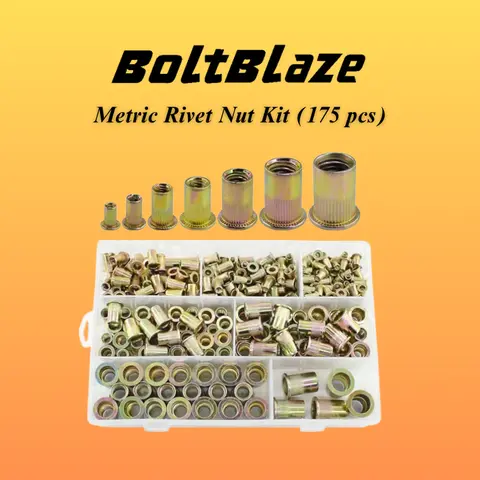 175PCS Metric Rivet Nut Kit: M3 M4 M5 M6 M8 M10 Flat Head, Zinc-Plated Carbon Steel UNC Insert Nuts