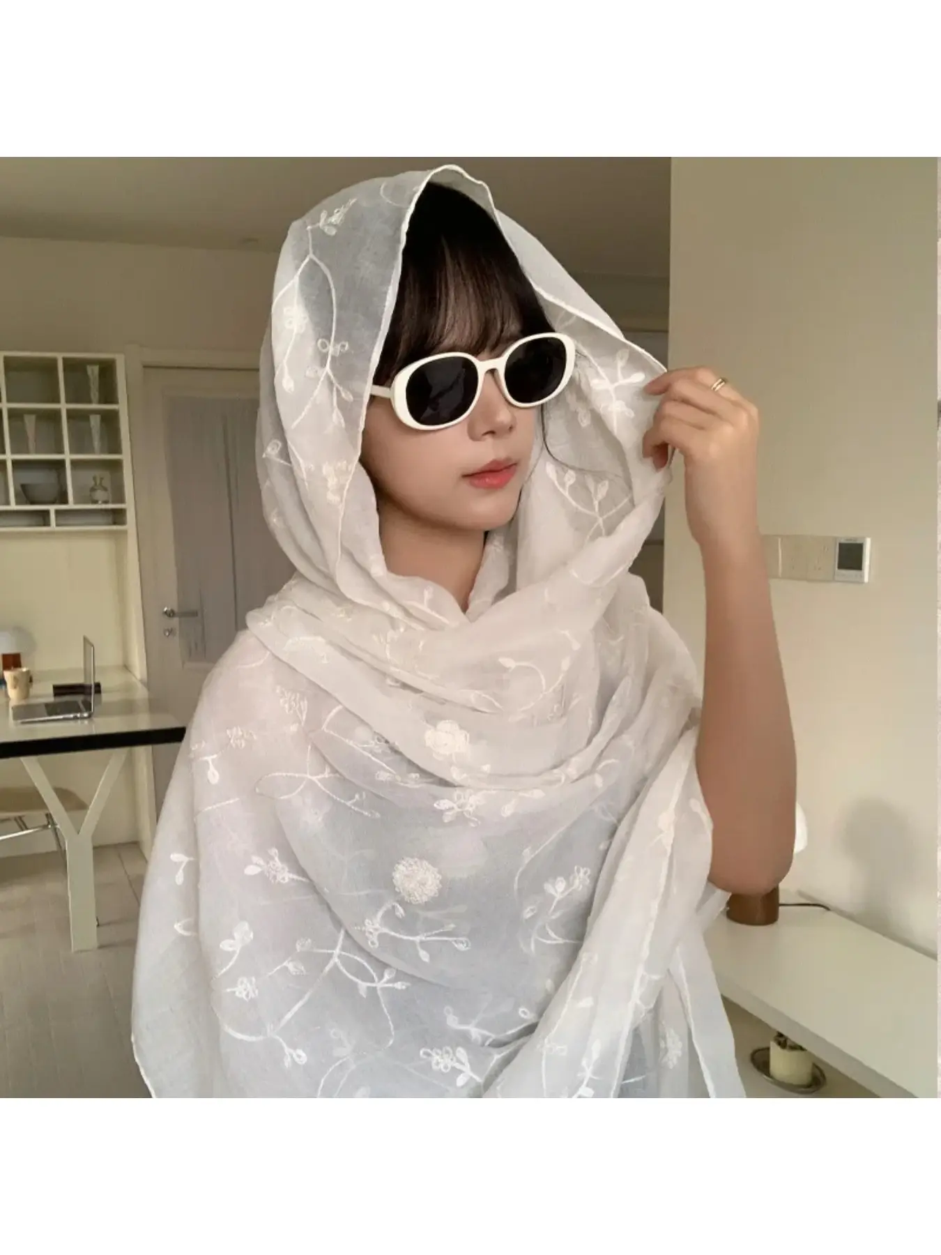 Thin ethnic-style linen sun protection summer shawl with hood, casual frog button beach scarf, travel silk scarf, wrap, and stole