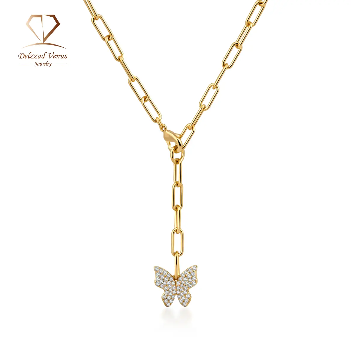 DELZZAD Romantic Butterfly Necklace, Copper Metal Paperclip Chain with 0.5ct Moissanite Stones, 49cm Anniversary Gift Jewelry, Vvs, Moissanite Jewelry