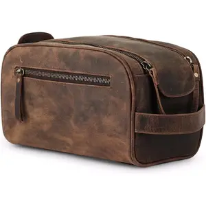 Travel Toiletry Bag -  Leather Dopp Kit for Men & Women with Water-Resistant Lining & Spacious Zippered Organizer