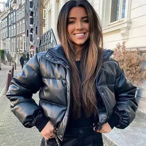 Winter New PU Leather Cotton Jacket Women's Short Stand Collar Warmth Bread Style Motorcycle Cool Girl Casual Polyester Fabric