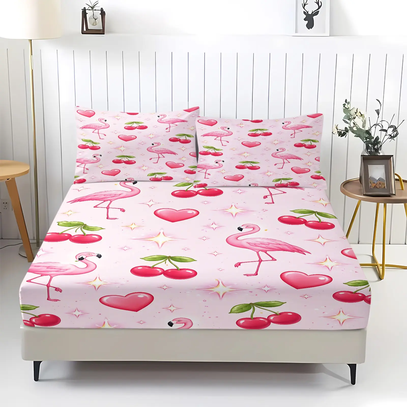 3Pcs Pink Flamingo and Cherry Print Fitted Sheet Set, Microfiber Bedding Set With Deep Binding, Suitable for Year-Round Bedroom Decor, Perfect for Girls' Bedrooms, Dormitories, Guest Rooms and Rvs (Pillow Inserts Not Included).