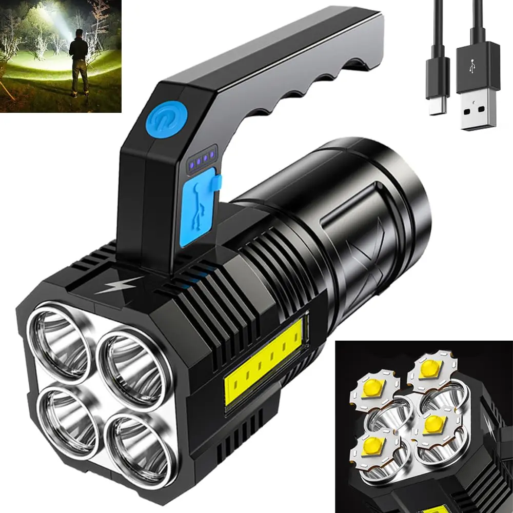 USB Rechargeable 4 LED Handheld Flashlight, Bright Searchlight with COB Side Light & Power Indicator for Camping Fishing Emergency sohochic