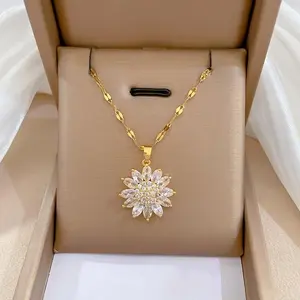 Women's Elegant Titanium-Copper Sunflower Pendant Necklace - Inlaid with Synthetic Zirconia, Delicate Dual Sweater-Bone Chain, Ideal Daily Wear Sports & Outdoor Accessories, Gifts for Women, Mom Gift