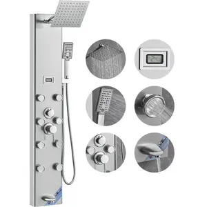 summervibes Stainless Steel Wall-Mounted Shower Panel System - Shower Water Equipment with 5 Modes, Digital Display Tower, Rainfall, 8 Massage Jets, Tub Spout, 3-Setting Adjustable Dual Double Heads, 59" Hose, Adjustable Head