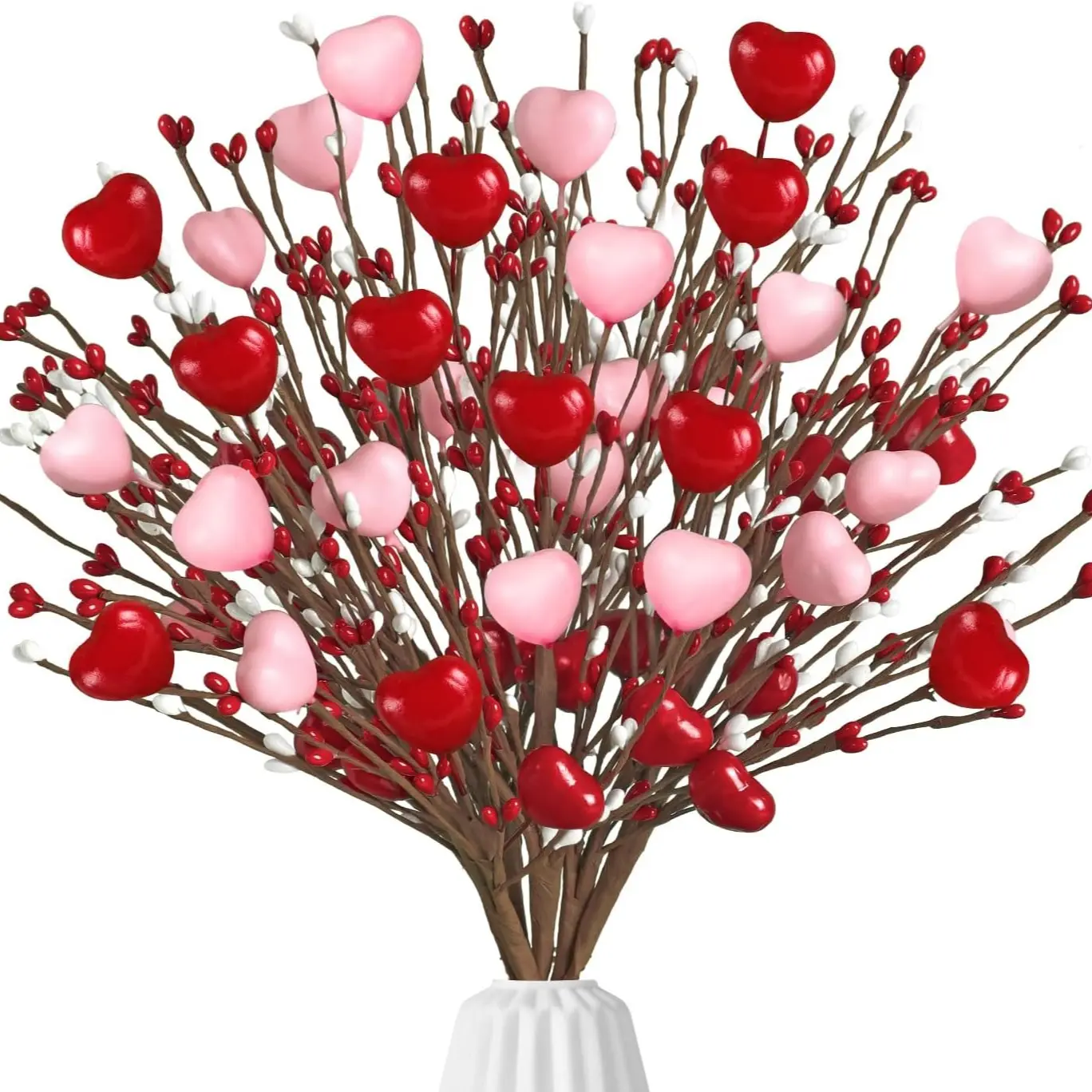 Valentine's Day 6/12 Piece Bouquet Selection, 17 Inch Valentine Floral Decorative Sticks, Heart Shape Berry Bouquet, Gift Vase Desktop Decoration