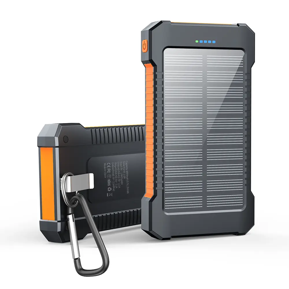 8000mAh Solar Power Bank Portable Charger Dual USB LED Flashlight Water-Resistant Outdoor Emergency Reusable Energy High Capacity