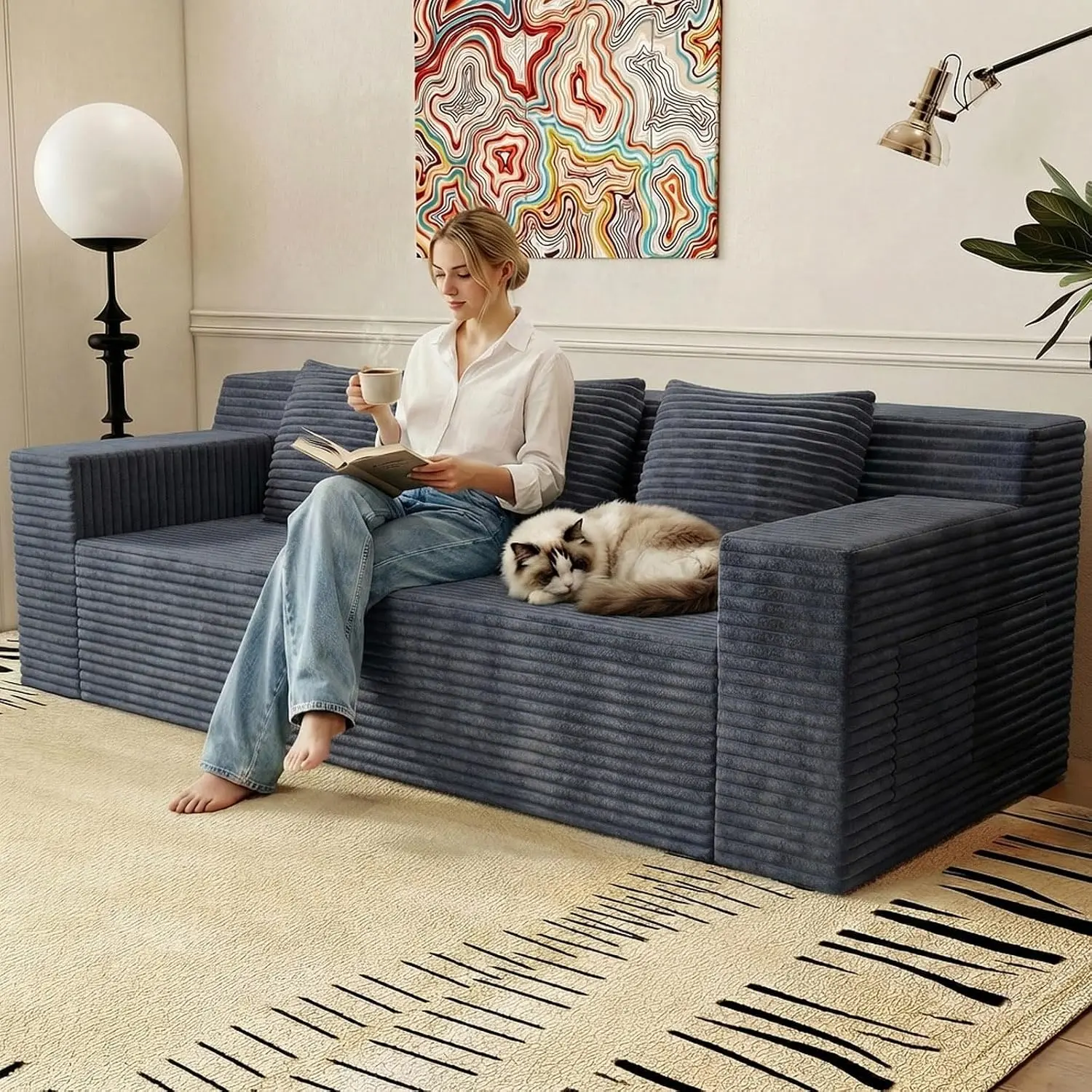 72.2" Couches Loveseat Sofa, 3-Seat Couch,Deep Seat Comfy Cloud Loveseat Sofa,No Assembly, for Living Room, Bedroom,Apartment,Corduroy Fabric,GREY