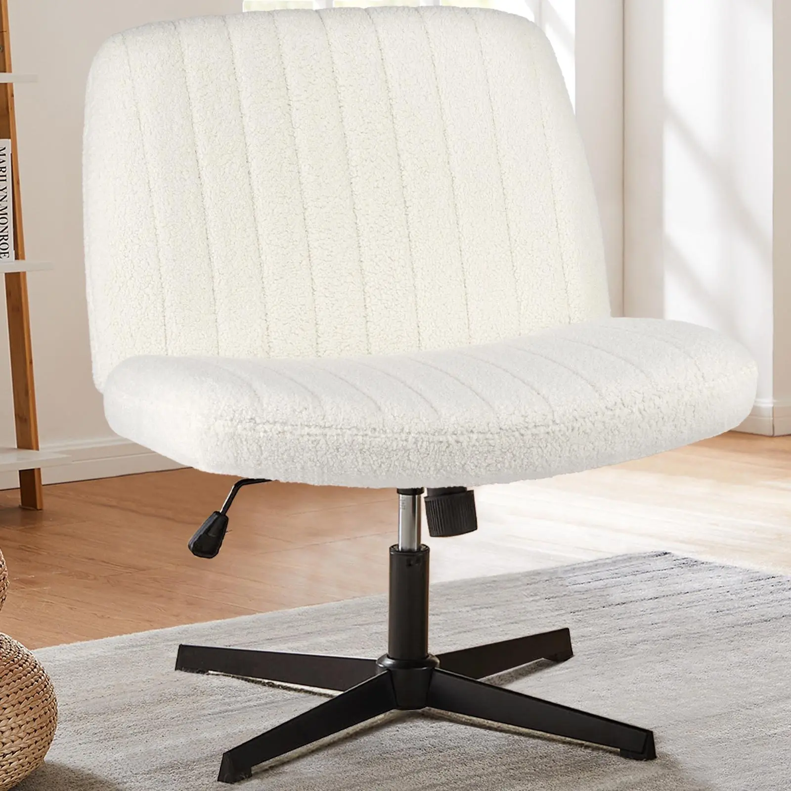 Cross Legged Office Living Room Rocking Gaming Chair Armless Wide Desk Adjustable Swivel Fabric Task Vanity Home Office Ergonomic