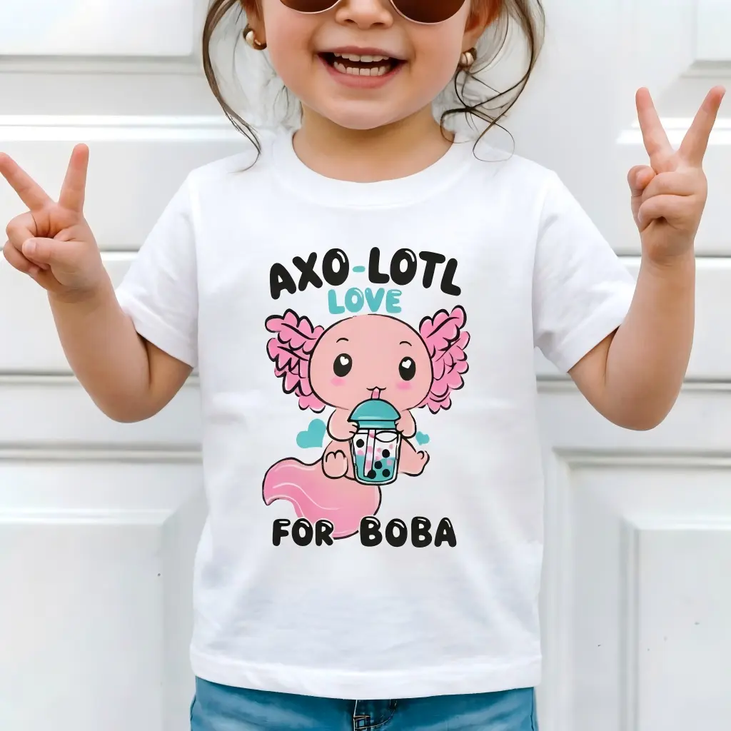 Girls Axolotl Graphic Short Sleeve Tee Cute Summer T-Shirt for Toddler Kids Breathable Cotton Top