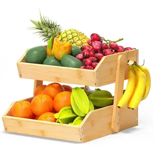 Bamboo Fruit Basket for Kitchen–2 Tier Fruit Bowl For Kitchen Counter, Large Fruit Holder With 2 Banana Hangers, Idea For Fruit and Vegetable Storage, Bread Basket, Snack Organizer(BAMBOO)