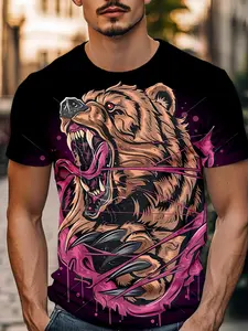 Dominant Angry Bear Totem Short Sleeve, Strong Visual Impact, Comfortable Versatile, Theme Photography, Weekend Casual Streetwear First Choice