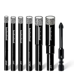 Dry Diamond Drill Bits Set for Porcelain Tile, Glass & Ceramic, 7-Piece Kit Includes 1/4" Carbide Masonry Bit & Core Bits (3/16" to 1/2") for Marble Granite