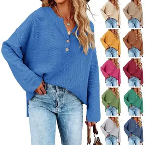 Womens Oversized Sweaters Batwing Long Sleeve Loose V Neck Button Henley Tops Pullover Knit Jumper