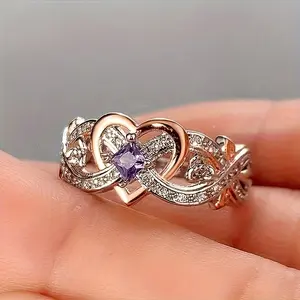 Rose Princess Diamond Set Ring, European and American Simple Love Shape Zircon Ring