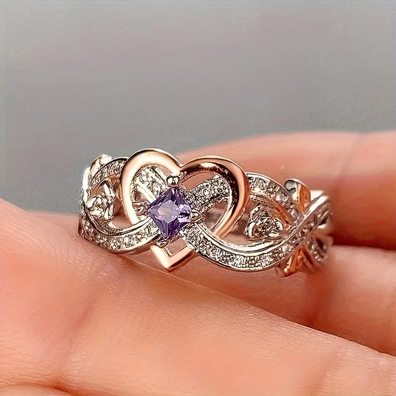 Rose Princess Costume Jewelry Zircon Ring - European-American Style, Heart-Shaped, Elegant Casual, Diamond Accent Set Ring, Heart Shaped Ring, Elegant Casual Ring