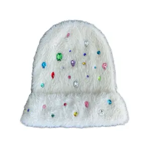 White Jeweled Fuzzy Beanie with Colorful Gemstones and Soft Fluffy Texture for Winter Fashion