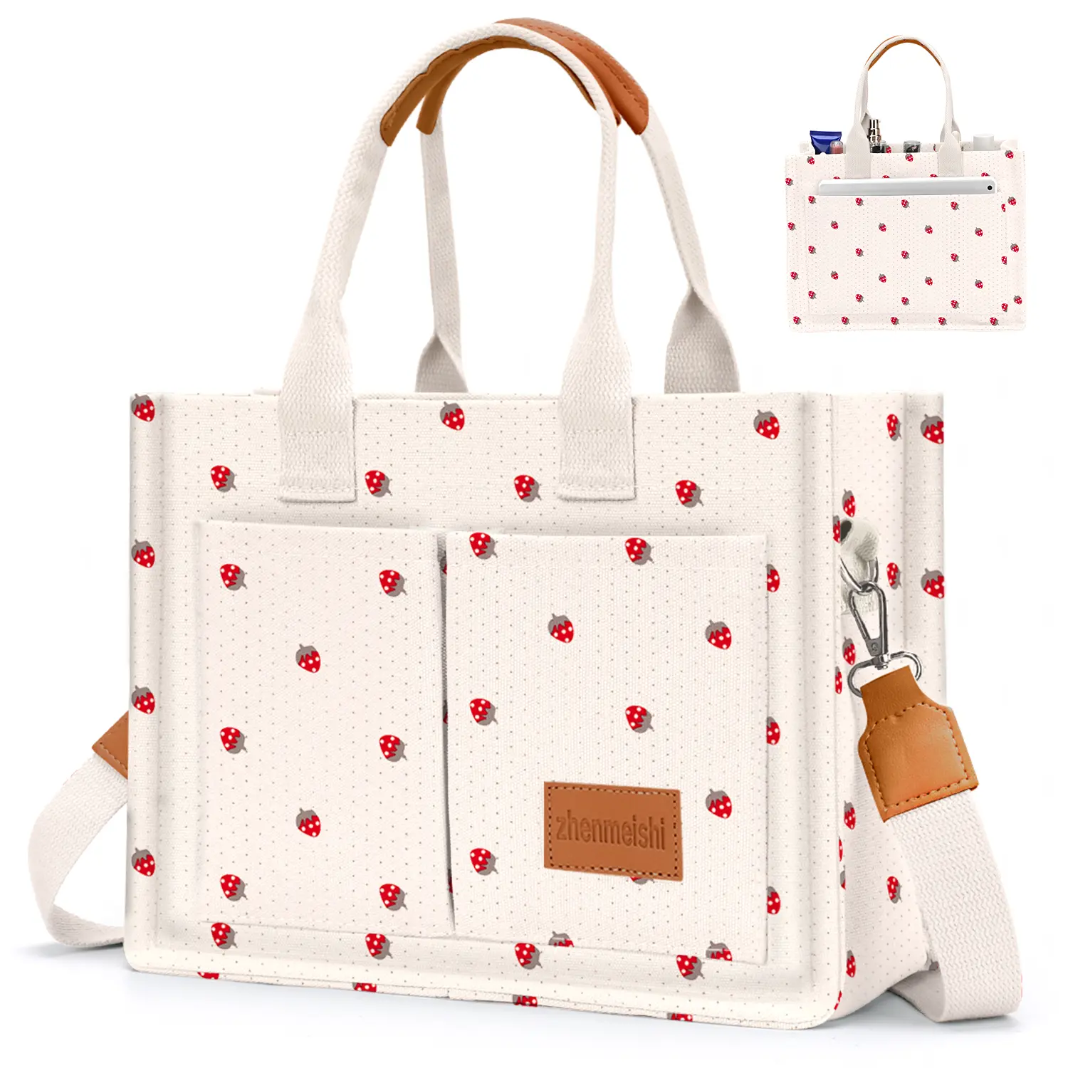 Canvas Tote Bag for Women with Pockets Crossbody Bag Tote Shoulder Handbags Casual Work Bags Everything Tote Bag Large Work Purses Bible Tote, Solid Color/Flower/Fruit/Heart Pattern Storage Tote Bag for Women